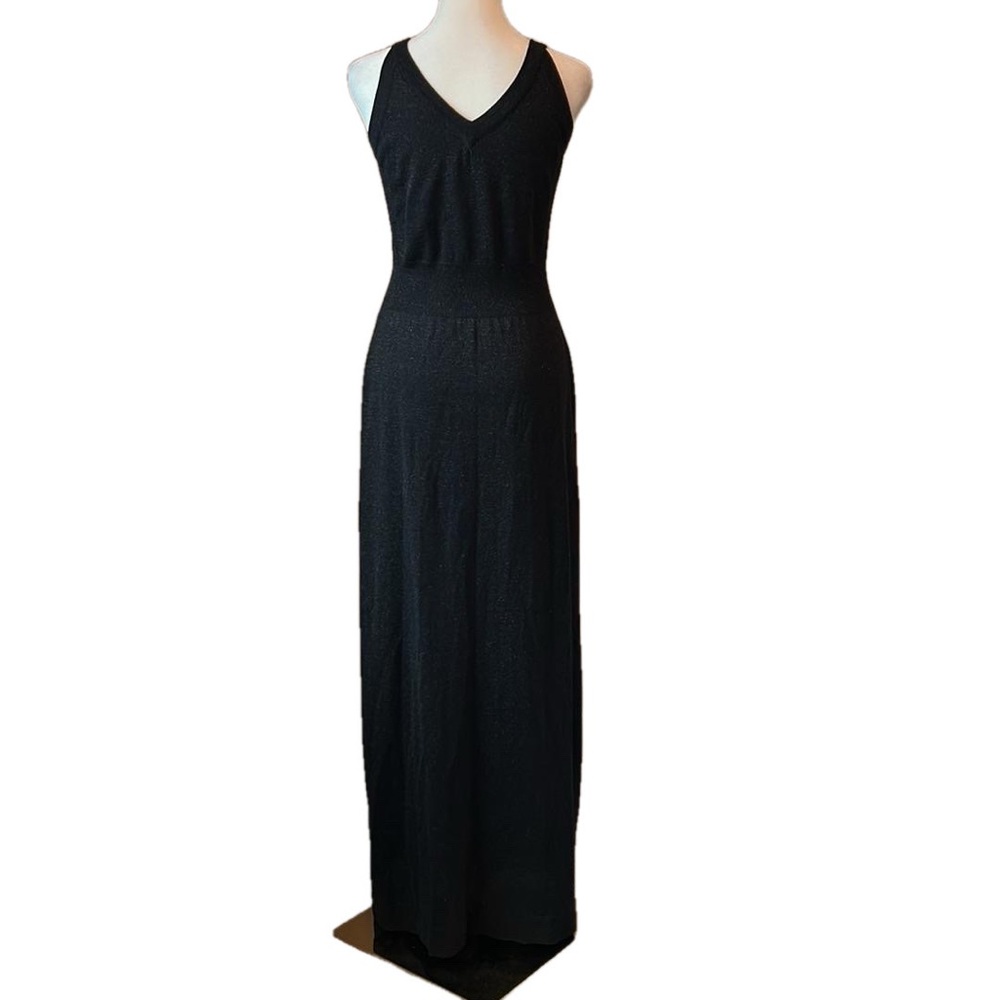 Vintage Black Wool Blend Metallic Double V Neck Tank Maxi Dress Defined Waist S - Picture 7 of 9